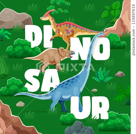 Prehistoric dinosaur banner. Vector book cover featuring cartoon dino reptile animal species in a lush jungle forest environment. Vibrant and playful template for party invitation or Jurassic park Prehistoric dinosaur banner. Vector book cover featuring cartoon dino reptile animal species in a lush jungle forest environment. Vibrant and playful template for party invitation or Jurassic park 119897619