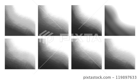 Halftone gradient pattern gradation backgrounds with half tone dots, abstract vector. Halftone pattern backgrounds with diagonal waves or wavy dots gradation from corners with grainy monochrome effect 119897633