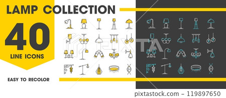 Light lamp line icons. Lantern and chandelier, candle and spotlight, halogen and flashlight. Isolated vector linear illumination appliances set featuring chic and stylish designs for illuminating Light lamp line icons. Lantern and chandelier, candle and spotlight, halogen and flashlight. Isolated vector linear illumination appliances set featuring chic and stylish designs for illuminating 119897650