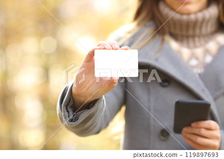 Woman hands holding phone and showing credit card in fall Woman hands holding phone and showing credit card in fall 119897693