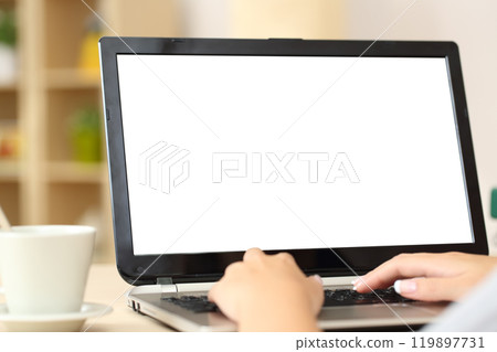 Woman hands using laptop with blank screen at home 119897731
