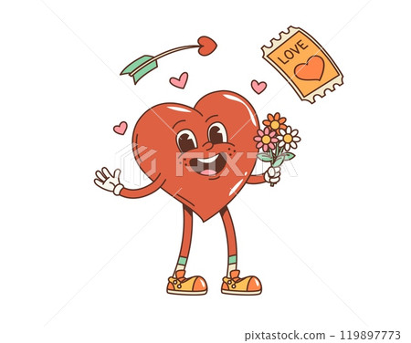 Cartoon retro valentine groovy heart character with bouquet of flowers. Isolated vector happy and romantic Valentines day love personage in style of 70s smile, ready for dating or holiday celebration 119897773