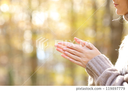 Woman rubbing and heatting hands in a cold autumn 119897779