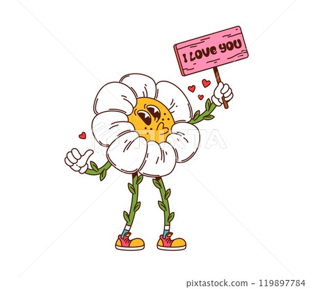 Cartoon groovy valentines day daisy flower character with a kiss and banner spelling i Love You. Vector chamomile retro personage playfully sends an air kiss with love hearts displaying romantic flirt 119897784