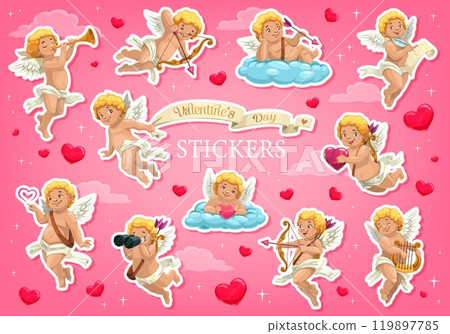 Cartoon valentine cherub cupid angels holiday stickers. Valentines day patches featuring angelic characters blowing pipe, playing harp, lying on clouds, shoot with a bow, holding heart, writing letter 119897785