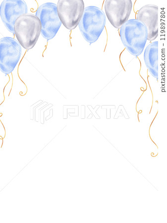 Blue watercolor balloons frame a birthday card for a baby boy. Hand-drawn illustration with ample copy space for personalized party invites or greetings. Soft pastel tones add a festive touch Blue watercolor balloons frame a birthday card for a baby boy. Hand-drawn illustration with ample copy space for personalized party invites or greetings. Soft pastel tones add a festive touch 119897804