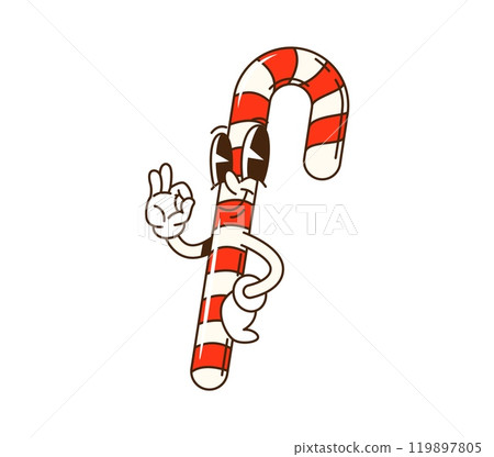 Cartoon groovy Christmas candy cane character smiles and showing ok sign. Isolated vector retro candycane sweet treat decorated with vibrant red and white stripes, wearing gloves and has big eyes Cartoon groovy Christmas candy cane character smiles and showing ok sign. Isolated vector retro candycane sweet treat decorated with vibrant red and white stripes, wearing gloves and has big eyes 119897805