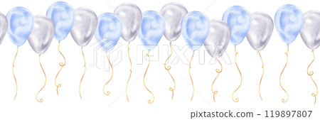 Hand-drawn balloon pattern in soft blue and silver hues. This watercolor design is perfect for celebration invitations, capturing a cheerful and playful atmosphere for baby showers or birthdays 119897807