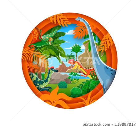 Paper cut banner with prehistoric flying and carnivore dinosaurs characters in vector 3d layered round frame. Cartoon funny titanosauria, tapejara, monolophosaurus and hypacrosaurus dinosaurs Paper cut banner with prehistoric flying and carnivore dinosaurs characters in vector 3d layered round frame. Cartoon funny titanosauria, tapejara, monolophosaurus and hypacrosaurus dinosaurs 119897817