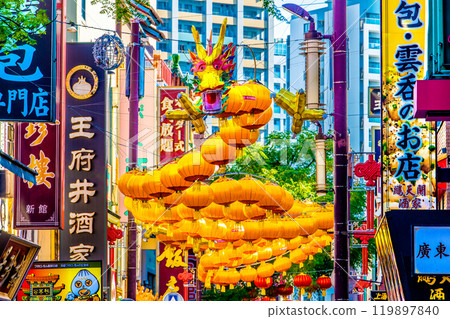 Yokohama cityscape, Japan: 2025 Chinese New Year lanterns, dragon lanterns displayed on Chinatown Boulevard, early morning on November 3rd 119897840