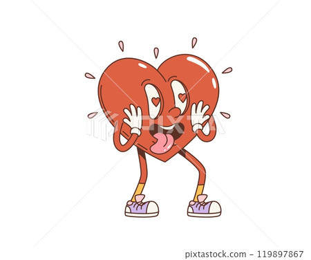 Cartoon retro groovy Valentine heart character in love with hearts in eyes, vector comic personage. Groovy heart character in hippie art of 60s and 70s funky groovie style for Valentine emoji emoticon 119897867