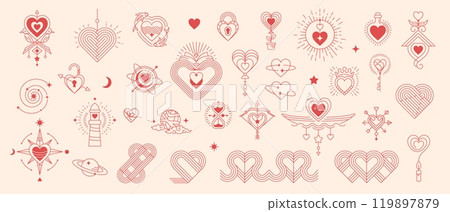 Boho valentine esoteric celestial and mystic symbols and elements. Vector set of Bohemian style signs of love and Valentines day. Hearts, birds and fishes, sun, stars or clouds, lighthouse, planet Boho valentine esoteric celestial and mystic symbols and elements. Vector set of Bohemian style signs of love and Valentines day. Hearts, birds and fishes, sun, stars or clouds, lighthouse, planet 119897879