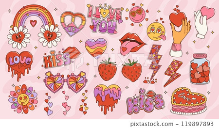 Cartoon retro groovy hippie love symbols and signs. Vector vintage love hearts, flowers and rainbow, funky sunglasses, lips, strawberries and kiss emojis. Psychedelic hippy peace sign, hand with heart Cartoon retro groovy hippie love symbols and signs. Vector vintage love hearts, flowers and rainbow, funky sunglasses, lips, strawberries and kiss emojis. Psychedelic hippy peace sign, hand with heart 119897893