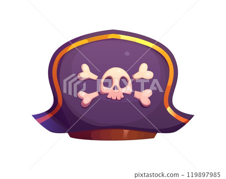 Cartoon pirate tricorn cocked hat with skull crossbones, corsair sailor vector headwear. Pirate captain tricorne hat with Jolly Roger skull for cartoon carnival costume or kids photo booth mask 119897985