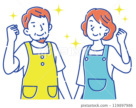 一對穿著圍裙的中年夫婦微笑著擺姿勢 119897986