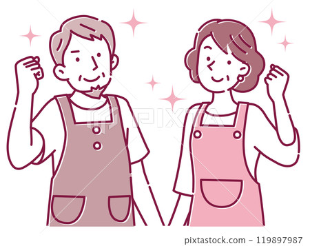 一對穿著圍裙的中年夫婦微笑著擺姿勢 119897987