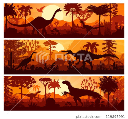 Prehistoric era dinosaurs at forest sunset landscape. Vector horizontal banners or panoramic backgrounds with dino shadows roaming peacefully at sunset scene with palm trees in front of large dusk sky Prehistoric era dinosaurs at forest sunset landscape. Vector horizontal banners or panoramic backgrounds with dino shadows roaming peacefully at sunset scene with palm trees in front of large dusk sky 119897991