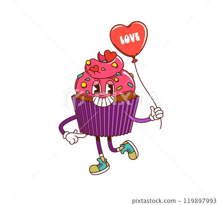 Cartoon cupcake groovy character with pink icing holds heart-shaped balloon, evoking Valentines Day retro vibes. Isolated vector cheerful muffin personage celebrates love, affection, joy and sweetness Cartoon cupcake groovy character with pink icing holds heart-shaped balloon, evoking Valentines Day retro vibes. Isolated vector cheerful muffin personage celebrates love, affection, joy and sweetness 119897993