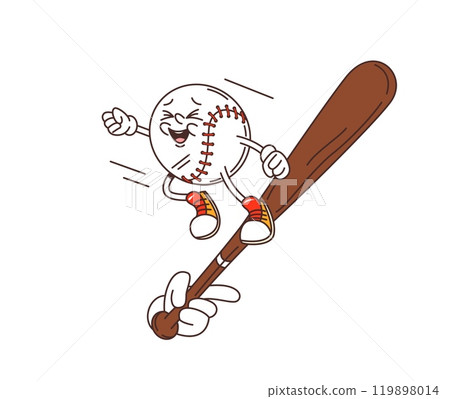 Cartoon retro groovy baseball ball character and bat, vector funny sport comic emoji. Groovy retro cartoon baseball ball with happy face on bat with player hand, sport game club cartoon character 119898014
