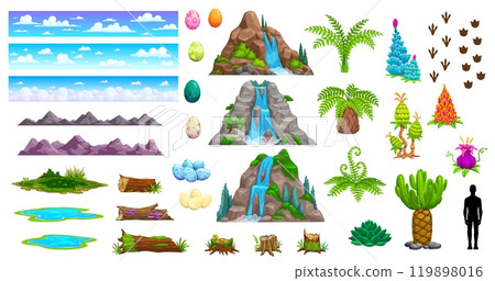 Jungle, landscape and prehistoric dinosaur era environment game asset. Cartoon vector mountains, waterfalls, clouds and pools, plants, ferns, dinosaur footprints, colorful eggs and human silhouette Jungle, landscape and prehistoric dinosaur era environment game asset. Cartoon vector mountains, waterfalls, clouds and pools, plants, ferns, dinosaur footprints, colorful eggs and human silhouette 119898016