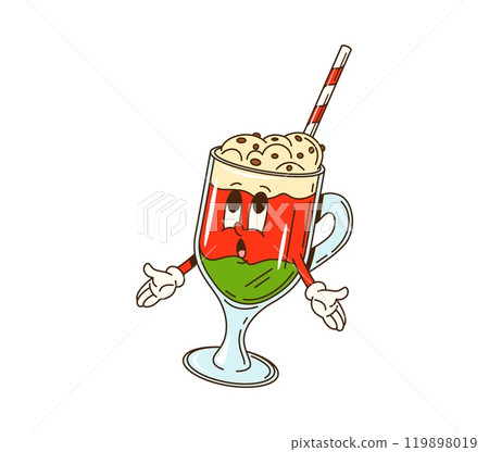 Cartoon groovy Christmas cocktail character. Isolated vector festive drink glass, retro personage with funny face, stick, chocolate sprinkles over the whipped cream and red or green beverage layers 119898019