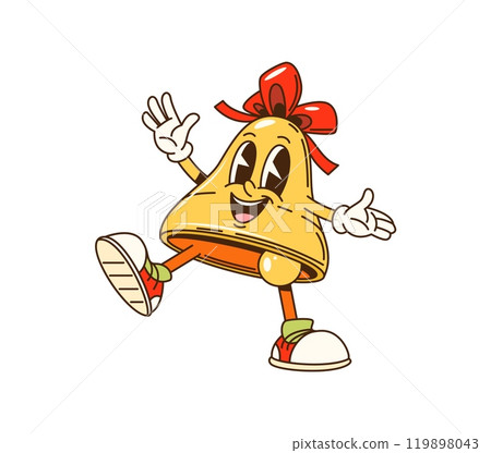 Cartoon groovy Christmas jingle bell character with a big red bow, striking a pose with a playful facial expression. Isolated vector retro golden bell with festive adornments exudes the holiday spirit Cartoon groovy Christmas jingle bell character with a big red bow, striking a pose with a playful facial expression. Isolated vector retro golden bell with festive adornments exudes the holiday spirit 119898043