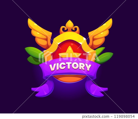 Victory award icon for game UI, win award badge and level complete congrats, vector GUI element. Victory shield or badge banner with golden star, wings and laurel wreath in ribbon of game winner award Victory award icon for game UI, win award badge and level complete congrats, vector GUI element. Victory shield or badge banner with golden star, wings and laurel wreath in ribbon of game winner award 119898054
