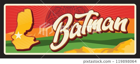 Batman il, Turkey province vintage plate or banner. Vector retro board, travel destination sign, signboard of touristic. Batman River and the Tigris, Turkish landmark plaque or card Batman il, Turkey province vintage plate or banner. Vector retro board, travel destination sign, signboard of touristic. Batman River and the Tigris, Turkish landmark plaque or card 119898064