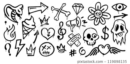 Grunge graffiti ink spray, street art paints. Vector hand drawn spray paint arrow, skull and dead smile emoji, crown, ghost and heart. Ice cream cone, lightning, eye and flower emoticon ink drawings 119898135