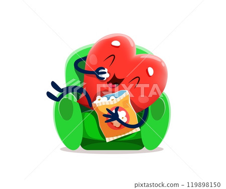 Cartoon funny heart character sitting on chair and eating popcorn, vector emoji. Happy heart character on sofa with popcorn in cinema theater or weekend home chillout for Valentine day love emoticon Cartoon funny heart character sitting on chair and eating popcorn, vector emoji. Happy heart character on sofa with popcorn in cinema theater or weekend home chillout for Valentine day love emoticon 119898150