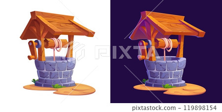 Cartoon stone water well with bucket, wood pulley, rope and winch, vector artesian water source. Village or farm old round dug well with rustic rock masonry and wooden roof, cartoon game assets 119898154