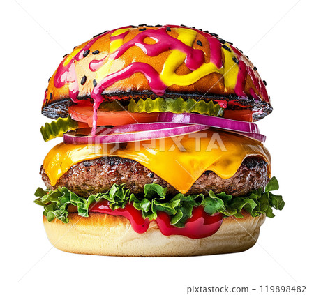 A monstrous burger with a black sesame bun, dripping with colorful sauces, features melted cheese, lettuce, tomato, pickles, and onions. 119898482