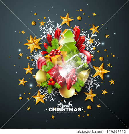 Merry Christmas and Happy New Year Banner Design with Gold Glass Ball, Star, Gift Box and Fir Branch on Black Background. Vector Holiday Season Illustration with Typography Letter for Greeting Card Merry Christmas and Happy New Year Banner Design with Gold Glass Ball, Star, Gift Box and Fir Branch on Black Background. Vector Holiday Season Illustration with Typography Letter for Greeting Card 119898512
