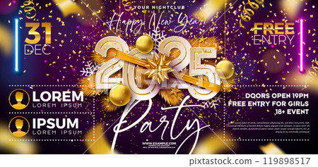 Happy New Year 2025 Party Celebration Banner Template Illustration with Typography Lettering and Golden Bow on Falling Confetti Background. Vector New Year Eve and Christmas Holiday Flyer Design 119898517