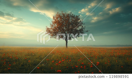 Solitary Tree in a Field of Flowers: A Serene Nature Scene 119898591