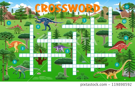 Cartoon dinosaurs, crossword quiz game grid. Vector colorful and engaging worksheet riddle for kids features dino species in a lush prehistoric landscape. Word search task brainteaser for children 119898592