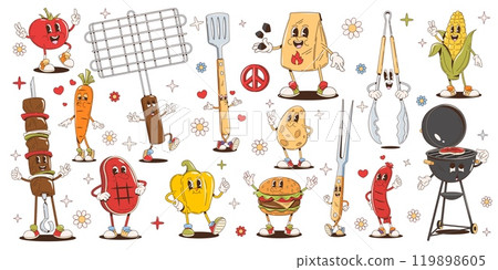 Bbq barbeque cartoon groovy characters. Retro hippie grilled meat food, vegetables and barbecue tools vector personages. Funky psychedelic bbq sausage, beef steak and burger, groovy grill characters 119898605