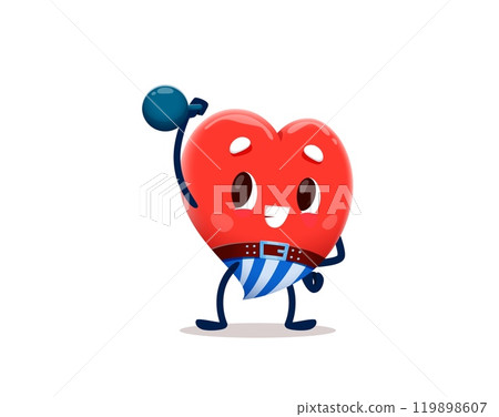 Cartoon heart character doing exercise with weight for love emoji of Valentine day, vector emoticon. Strong heart bodybuilder with gym dumbbell, cartoon character with face and cheerful emotion Cartoon heart character doing exercise with weight for love emoji of Valentine day, vector emoticon. Strong heart bodybuilder with gym dumbbell, cartoon character with face and cheerful emotion 119898607
