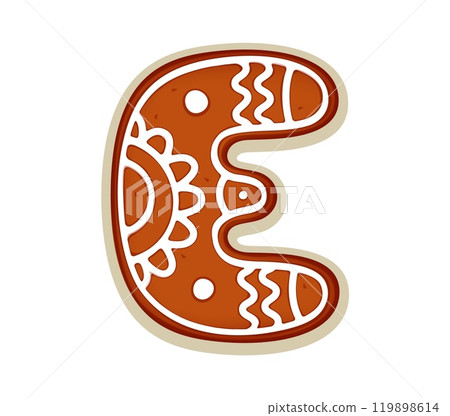 Christmas cookie font, gingerbread biscuit letter E for Xmas alphabet, vector bakery typeface. Christmas holiday font or gingerbread cookie type, letter E biscuit typeset with winter ornament icing 119898614