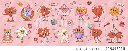 Retro cartoon valentine day groovy characters. Heart, coffee cup, envelope and gift box. Cookie, teddy bear, flower and cupcake with glove and kissing cherries. Isolated vector psychedelic personages Retro cartoon valentine day groovy characters. Heart, coffee cup, envelope and gift box. Cookie, teddy bear, flower and cupcake with glove and kissing cherries. Isolated vector psychedelic personages 119898616