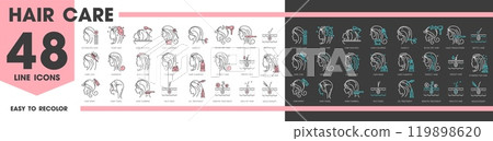 Hair care and treatment line icons for hair health and trichology, vector pictograms. Woman heads line icons for haircare with hair types, dandruff and split ends treatment, coloring and mesotherapy 119898620