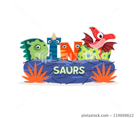Prehistoric mother dinosaurs with kids in eggs of funny dino lizards, vector cartoon banner. Jurassic dinosaur baby hatching from egg for kids prehistoric dino atlas or paleontology book and t-shirt 119898622