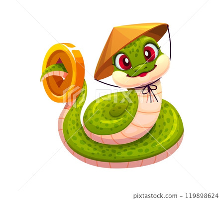 Chinese new lunar year cartoon snake character with cheerful expression, conical asian hat and gold coin on its tail, conveys joy, prosperity and celebration. Cute green reptile symbol of 2025 year Chinese new lunar year cartoon snake character with cheerful expression, conical asian hat and gold coin on its tail, conveys joy, prosperity and celebration. Cute green reptile symbol of 2025 year 119898624