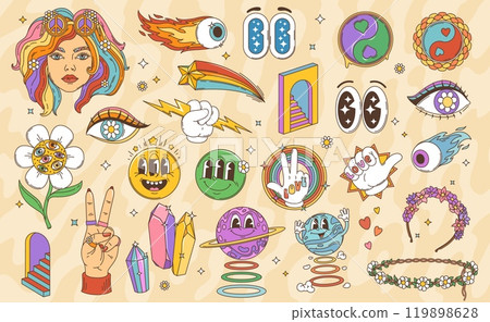 Cartoon retro groovy hippie characters and symbols. Vector psychedelic smile emojis, funky planet personages, hippy girl and peace signs. Daisy flower wreaths, trippy eyes and stairs, star, crystals 119898628