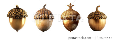 Four golden acorns, each with a unique cap design, are displayed in a row on a neutral background. 119898638