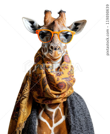 A stylish giraffe, wearing orange sunglasses and a patterned scarf, poses confidently. 119898639