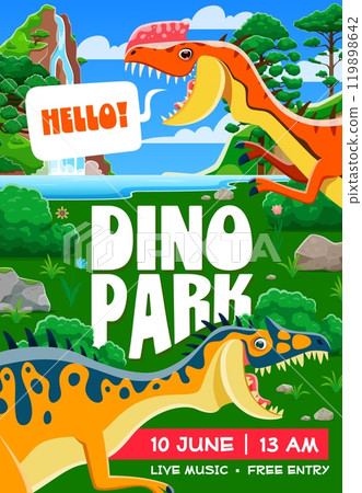 Dino park banner with cartoon dinosaur characters and prehistoric lizards, vector background. Kids Jurassic dino park exhibition or paleontology animals museum and entertainment event poster 119898642