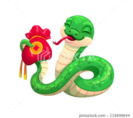 Cartoon funny curled snake holding red money sack filled with gold coins. Isolated vector green festive Chinese zodiac animal reptile represent wealth, tradition and prosperity for the 2025 lunar year Cartoon funny curled snake holding red money sack filled with gold coins. Isolated vector green festive Chinese zodiac animal reptile represent wealth, tradition and prosperity for the 2025 lunar year 119898644