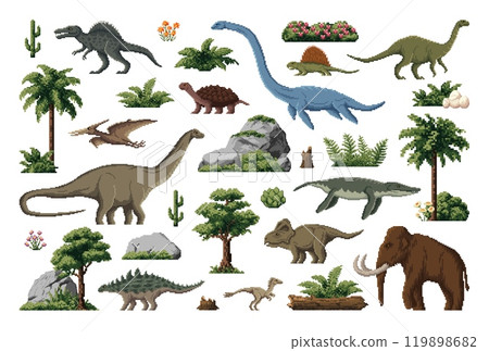 Prehistoric 8 bit pixel art dinosaurs for game assets, vector lizards and dino animals. Jurassic park or ice age prehistoric arcade video game assets of pixel mammoth, pterodactyl and reptile dinosaur 119898682