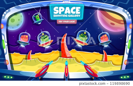 Galaxy hunting star pirates and UFO, carnival shoot game in amusement park. Shooting range booth of carnival, funfair and arcade, vector shoot game gallery with cartoon aliens, spaceship, space guns Galaxy hunting star pirates and UFO, carnival shoot game in amusement park. Shooting range booth of carnival, funfair and arcade, vector shoot game gallery with cartoon aliens, spaceship, space guns 119898690